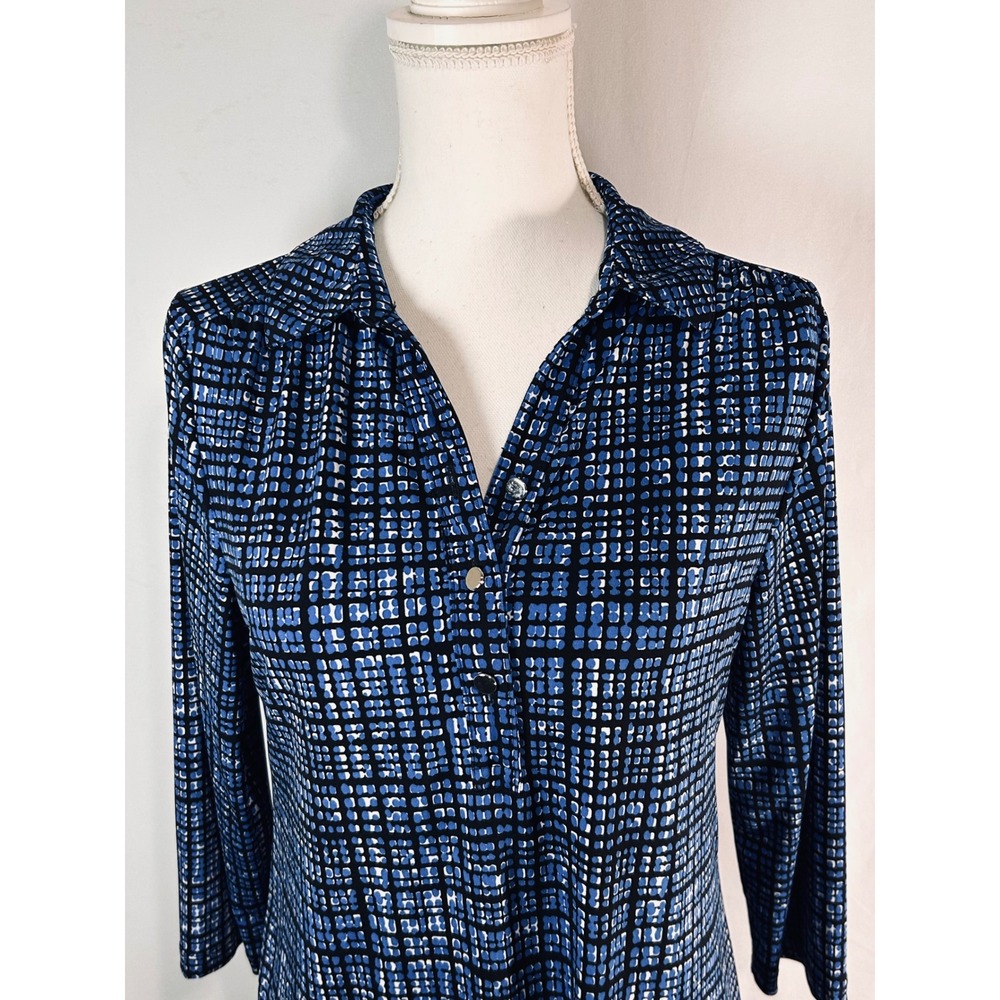212 Collection Womens Blue Black Geometric Grid 3/4 Sleeve Button Blouse XS - Picture 3 of 10